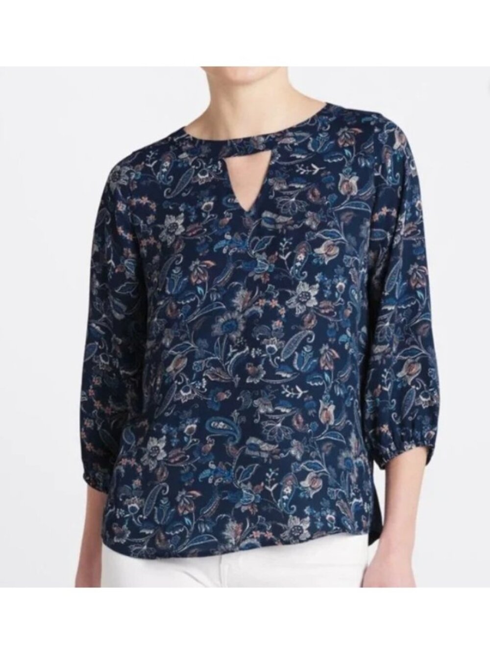 NEW Papermoon Filippa Blouse Womens Size M Blue Floral Mixed Media 3/4 Sleeve